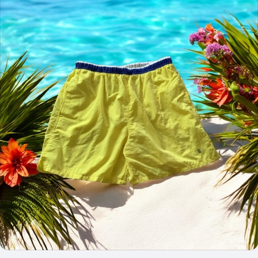 Rainforest swim trunks bright yellow blue draw string waist size Large m…